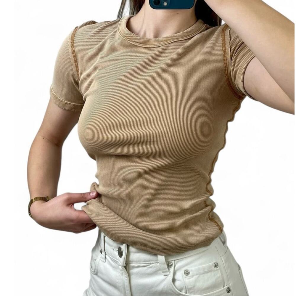 Zara Basic Fitted TShirt Top Size Small Tan Rib Knit Distressed Cotton Stretch